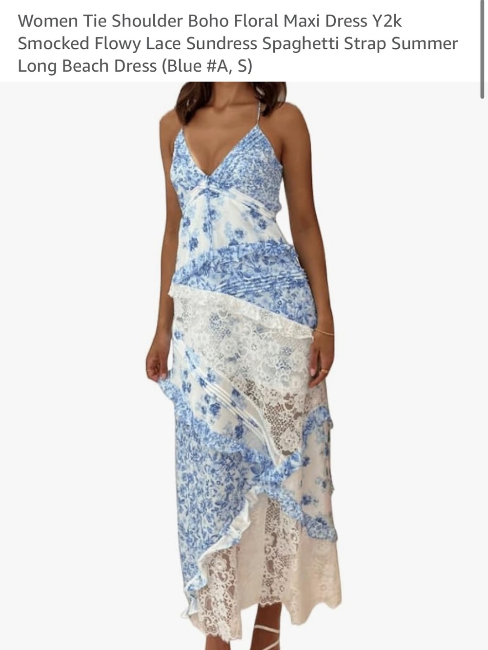 Blue & White Floral Lace Tiered Maxi Dress